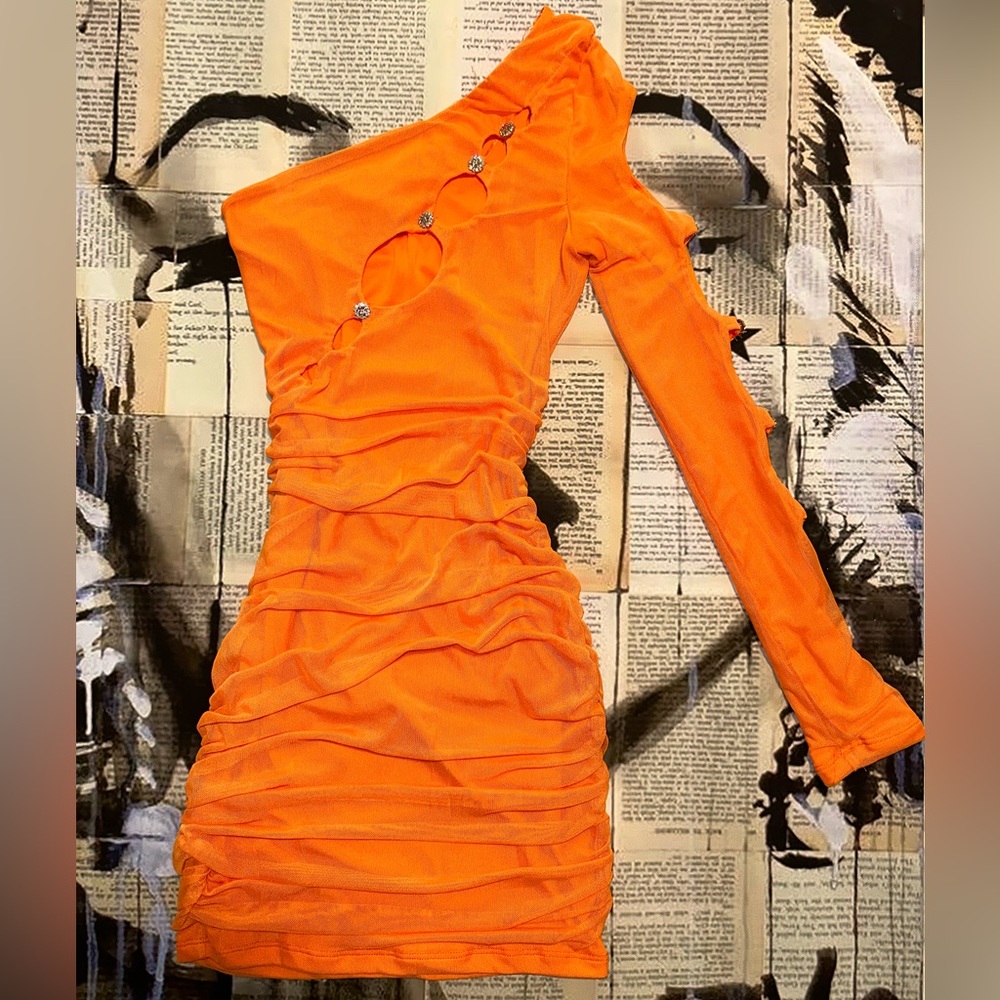 Orange Mini Dress with Rhinestone/Cut Out Detail